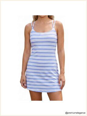 Striped Athletic Spaghetti Strap Mini Cami Dress Square Neck Backless A-Line